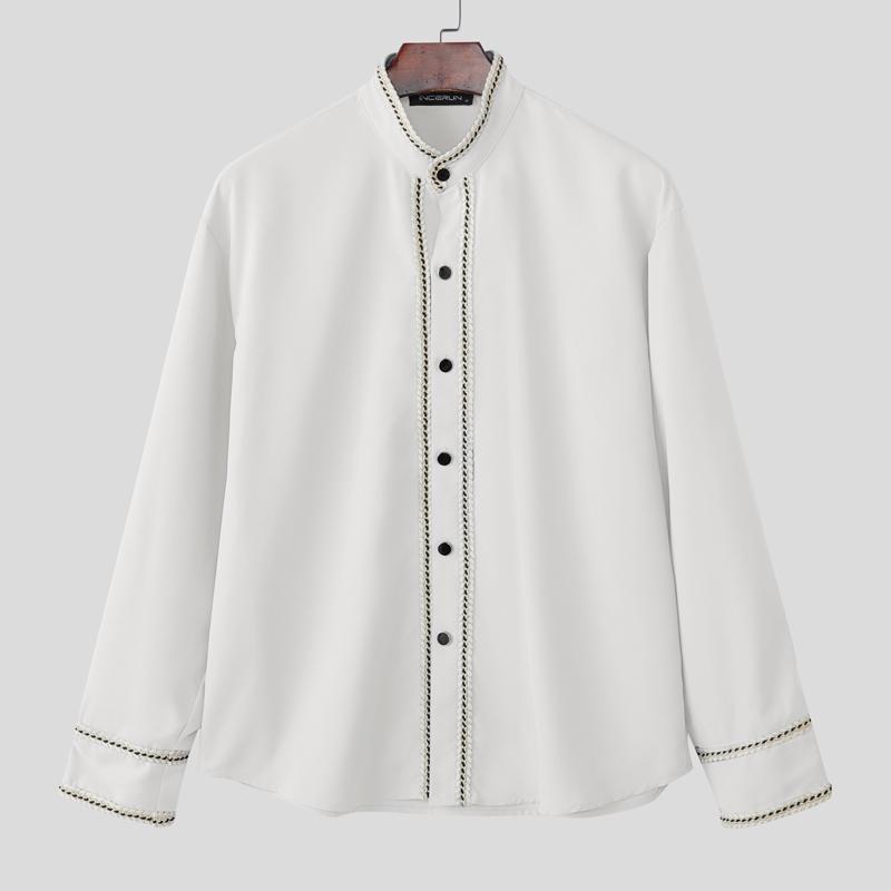 INCERUN Men Stand Neck Stitching Buttons Up Casual Long Sleeve Shirts