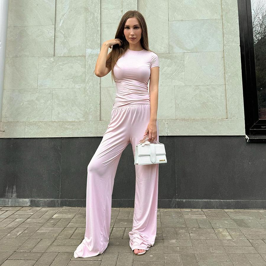 Women's Spring/Autumn New Casual Solid Color Crew Neck Long Sleeve Basic Wide Leg Pants Set
