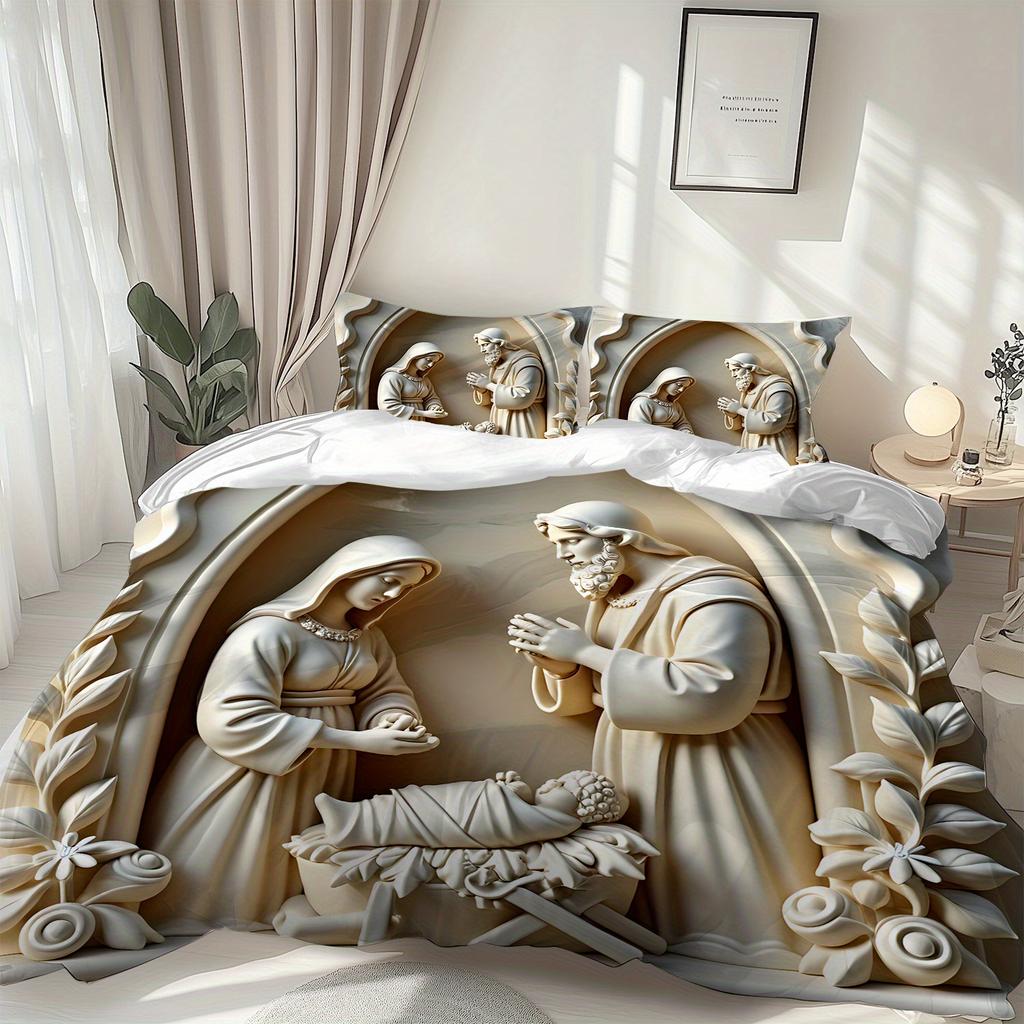 Latacaca 3pcs Nativity Scene Duvet Cover Set, Holy Family Marble Relief Artwork Design, Classic Christian Iconic Style,