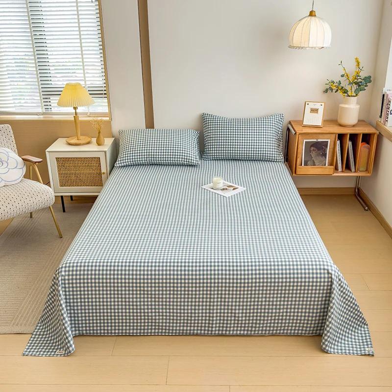 Geometric Plaid Pattern Bed Sheet Set Simple Grid Flat Sheet 100% Cotton Bedding Breathable Durable Sheets with 2 Pillowcases