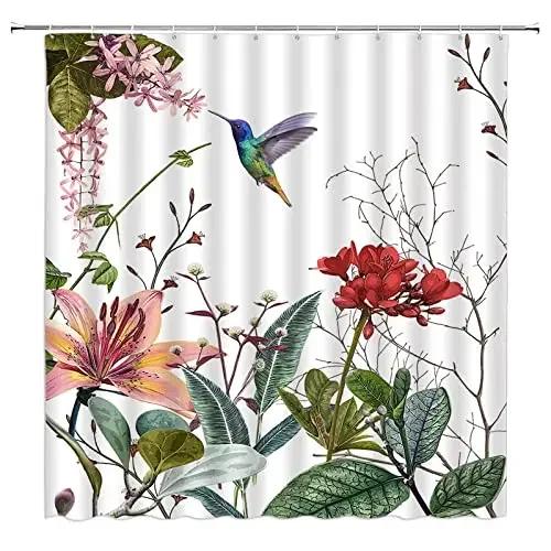 Tropical Plant Shower Curtain Watercolor Floral Hummingbird Green Leaves Botanical Jungle Sanitary Napkin Curtain Bathroom Decor