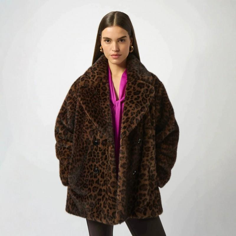 Leopardmønstret Faux Fur Frakke Dame Oversized Dobbeltknappet Blazer Krave Mellemlang Varm Vinter Ydertøj