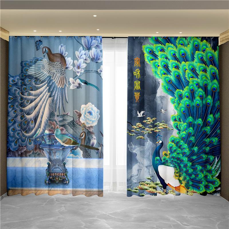 Nowy Chiński Styl Tuszowy Pejzaż Malarstwo Kwiatowe Paw Feniks Zasłona Okno od Podłogi do Sufitu Salon Tkanina Zaciemniająca Zasłona