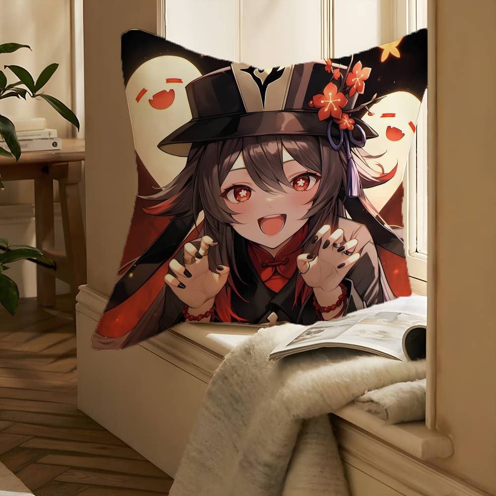 G-Genshin Impact-MT Cute Hu Tao Pillow Case Printing Pillowcase Living Room Sofa Cushion Cover Bedroom Room Decor