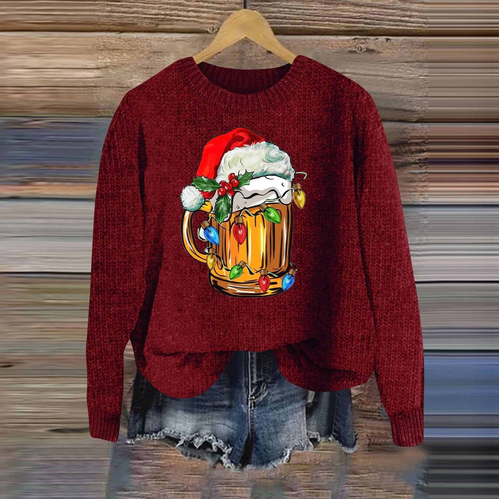 

Женская мода круглый вырез повседневный длинный рукав рождественский принт шерстяной трикотажный топ XL красный