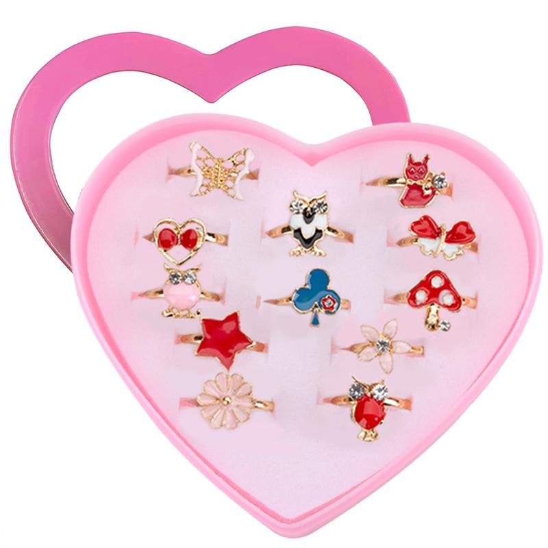 12pcs Children Rings Heart Shaped Box Cartoon Jewelry Adjustable Opening Girls Birthday Gifts Beauty Toys Pretend Play TMZ