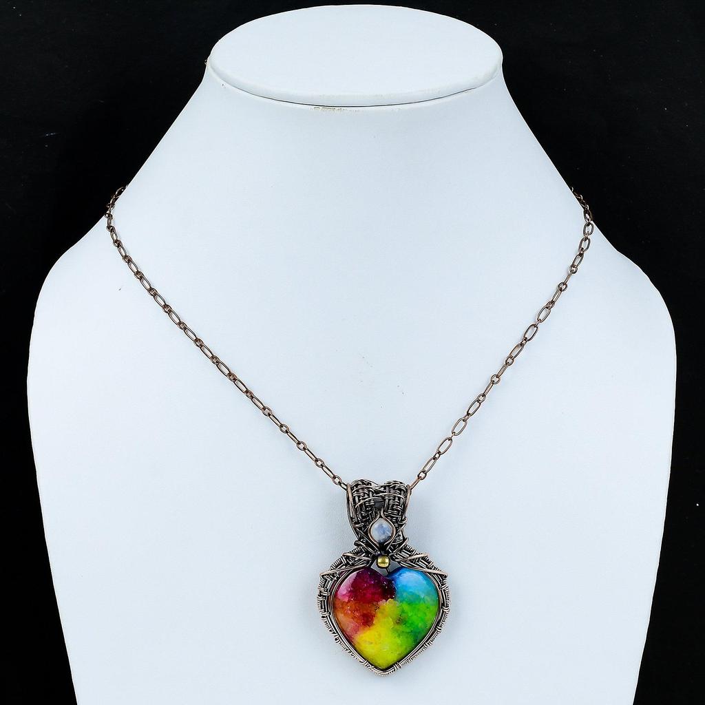 Rainbow Solar Quartz Druzy Copper Wire Wrapped Jewelry Rainbow Moonstone Pendant Copper Gemstone Pendant Handmade Wire Jewelry Gift For Her
