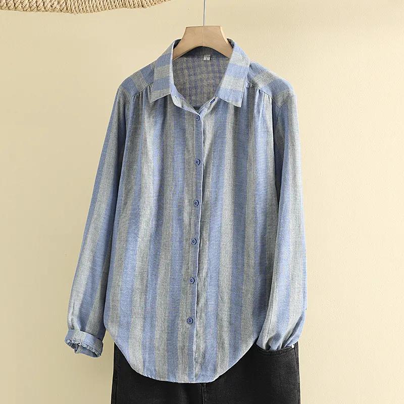 

Весенняя полосатая рубашка из хлопка и льна с длинными рукавами, модная простая рубашка с лацканами для мам XXL синий