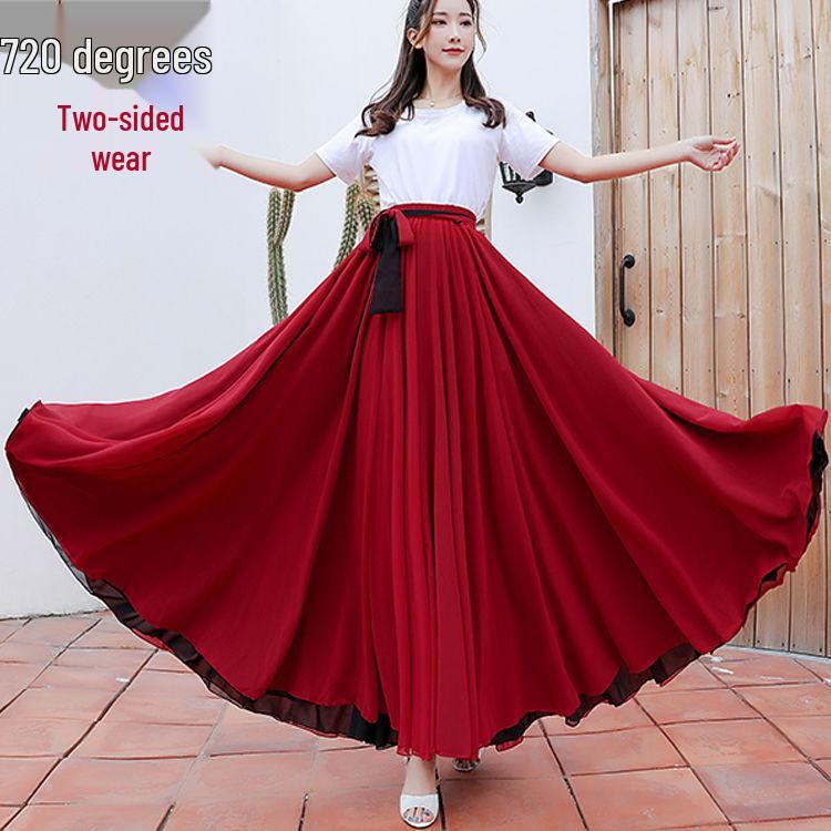 Two-Sided Chiffon Dance Skirt: Performance Long Dress with 540°/720° Swirl, Half-Body, Dual-Color Design