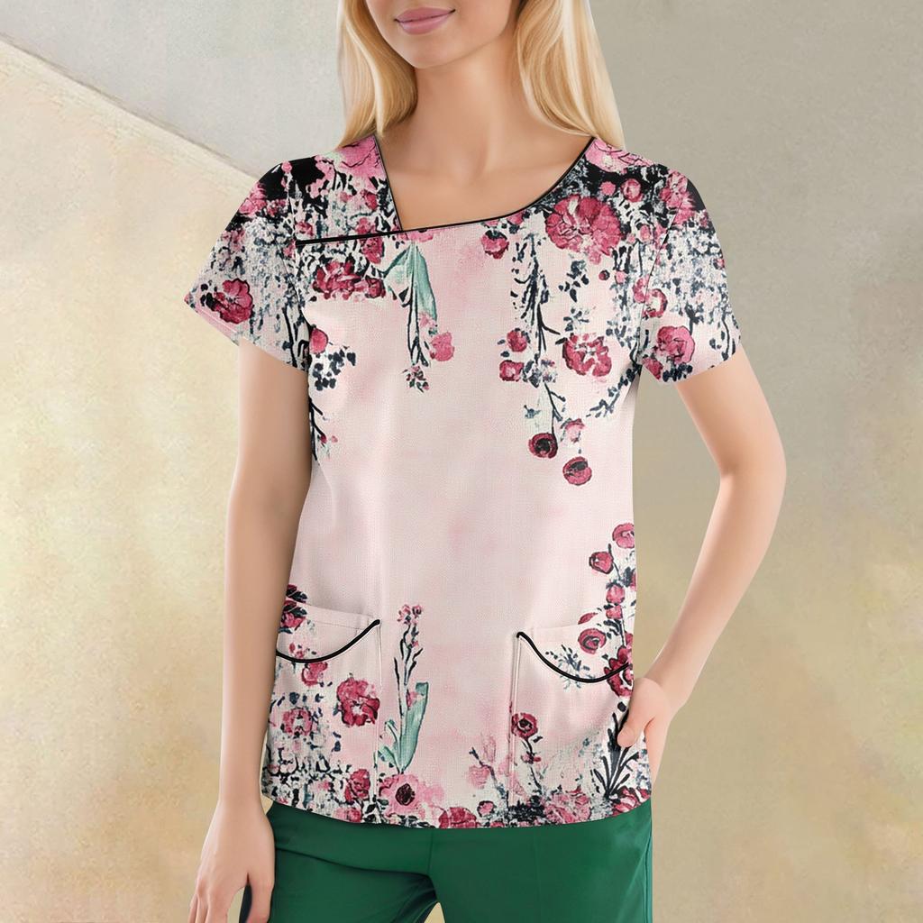 Women's Casual  Print Short Sleeve Sloping Collar Workwear Top With Double Pockets