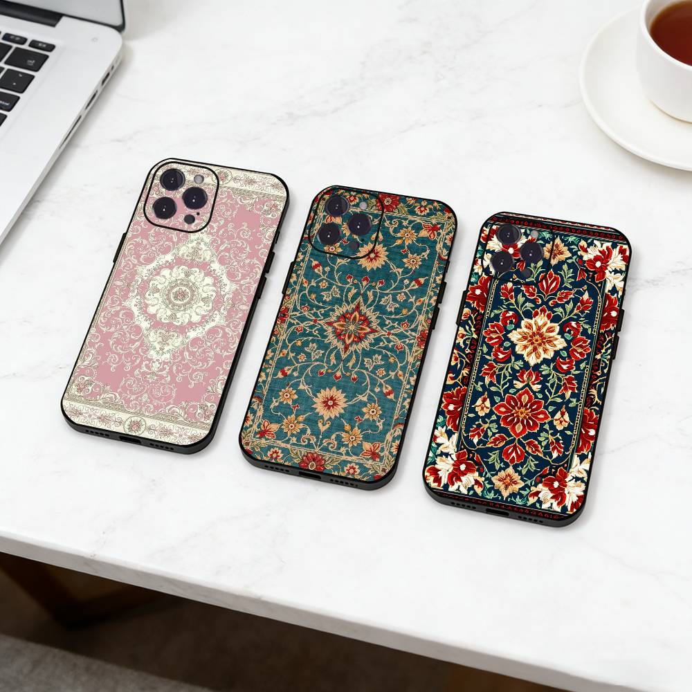 Persian Carpet Floral Pattern Phone Case Silicone Black Soft For IPhone 17,16,15,14,13,12,11,SE,Plus Pro Max