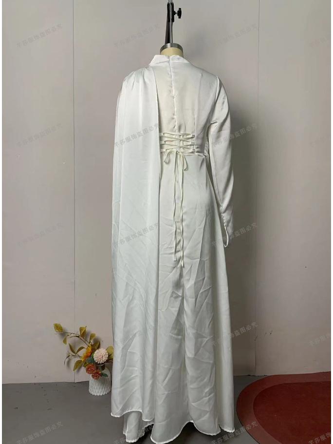 2025 European American Women's Pleated Irregular White Long Sleeve Slim Fit Dress