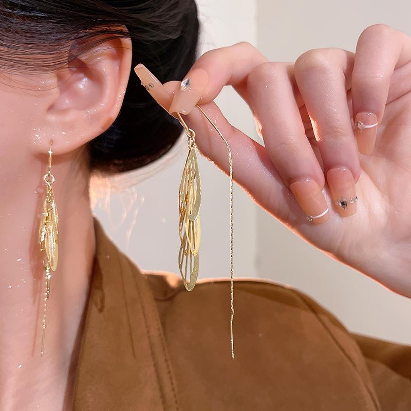 Light Luxury Versatile Super Immortal Temperament Leaf Long Tassel Earrings For Women