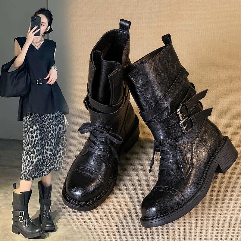 Retro thick-soled thick-heeled lace-up Martin boots for women's autumn and winter new mid-tube belt buckle locomotive boots