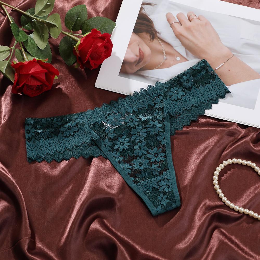 Women's Thongs Sexy Perspective Lace Flower Pattern Hollow Out Low-Waist Butterfly Knot Breathable Intimates Super Comfortable