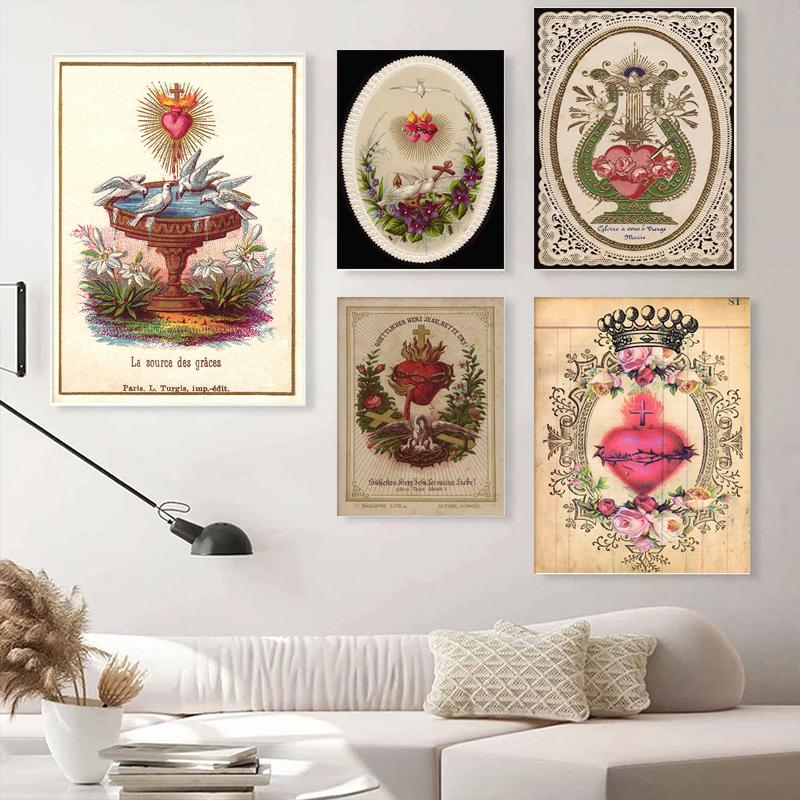 Vintage Sacred Heart of Jesus Poster Abstract Religion Canvas Painting Retro Flower Wall Art Picture For Home Decoration