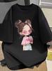 Cartoon Drinking Milktea Girl Print Women's Crew Neck Short Sleeve T Shirt Cute Cartoon Girl Print Sweet & Trendy Women Clothes