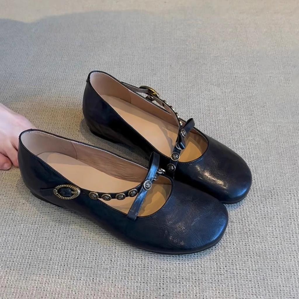 Sheepskin version~ retro shallow mouth one-word buckle bow single shoes flat leather one-pedal Mary Jane shoes women