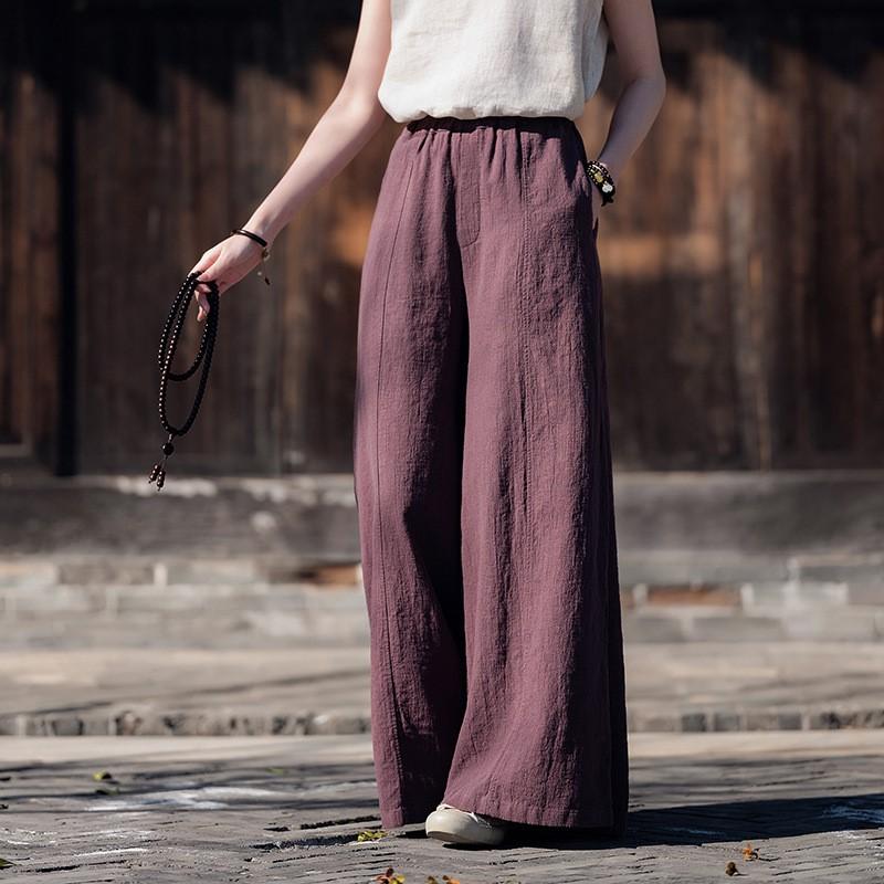 Johnature Women Vintage Wide Leg Pants Patchwork Loose Trousers Summer Solid Color Elastic Waist Long Pants