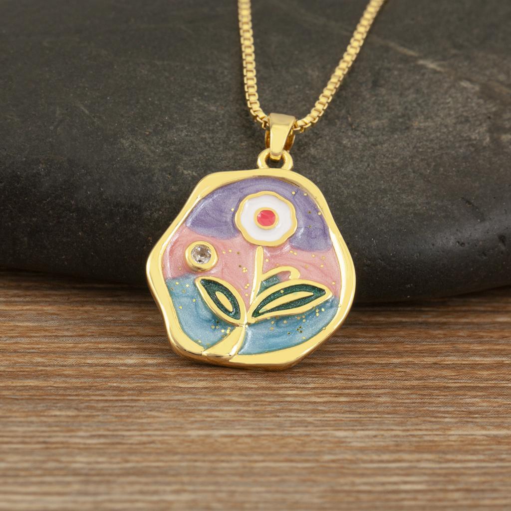 Nidin Hot Sale Flower/Butterfly Art Design Enamel Oil Drop Pearl Charm Pendant Necklace For Women Heart/Round Delicate Jewelry