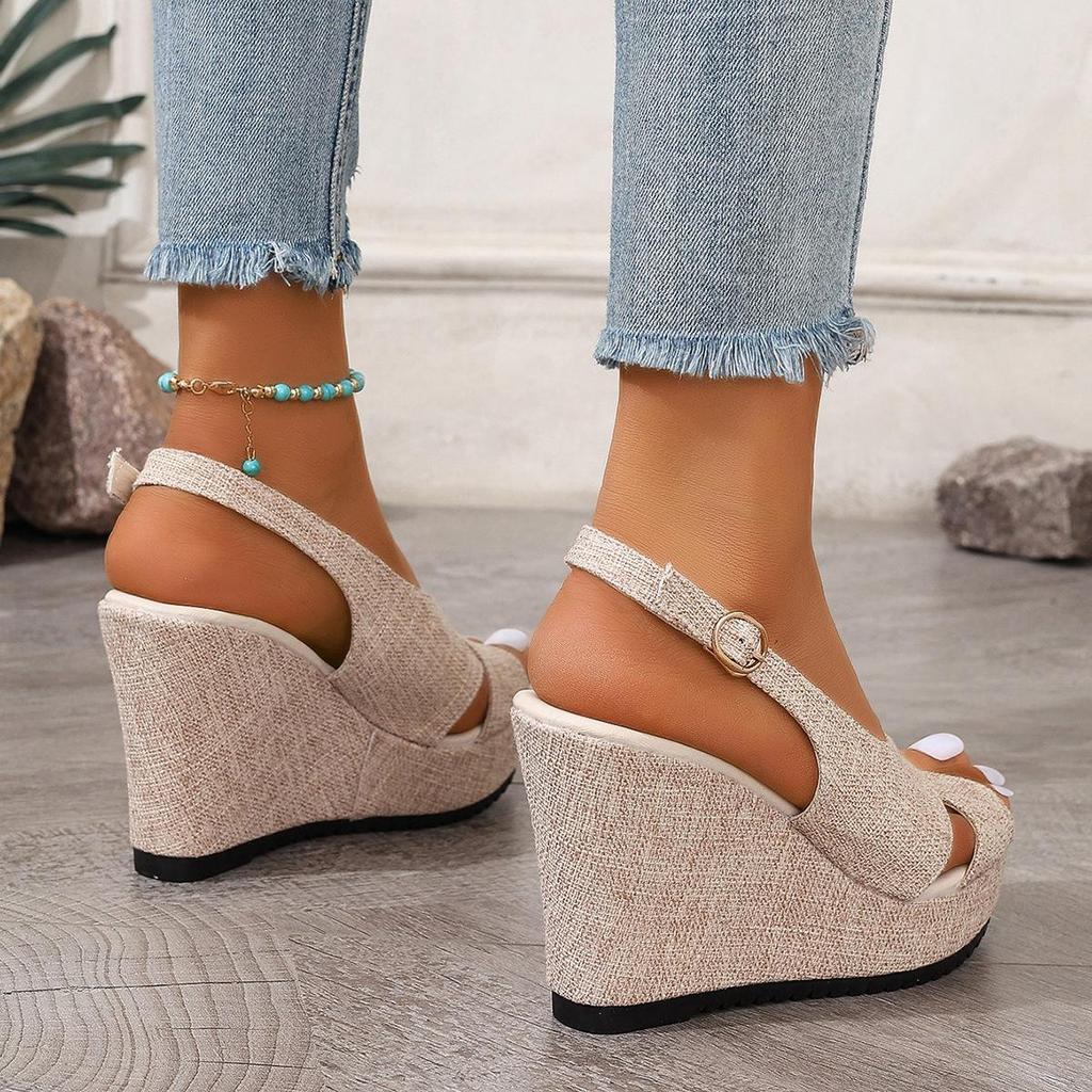 Thick-soled Wedge Sandals Women's  Large-size Denim Cross-buckle One-word with Cool Slippers Women