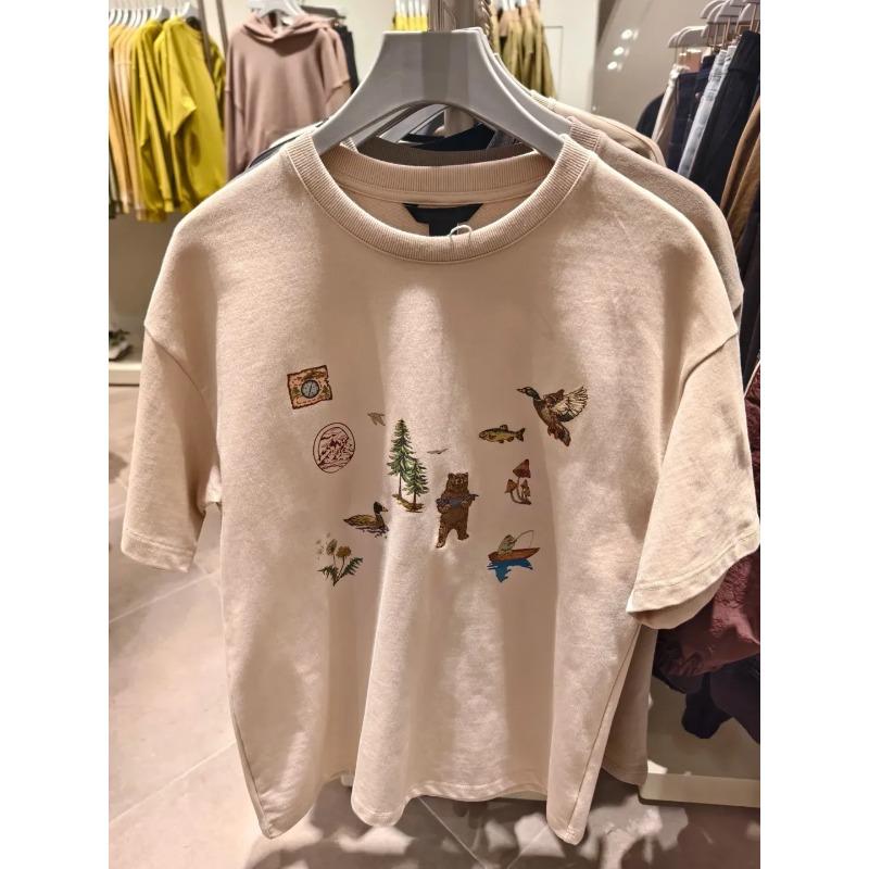 

Women s Embroidered Butterfly Casual T-Shirt Loose Fit Beige Short Sleeve e Versatile Pullover Top L хакі
