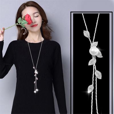 Moda damska Faux Pearl Tassel Liście Wisiorek Długi łańcuszek Sweter Naszyjnik