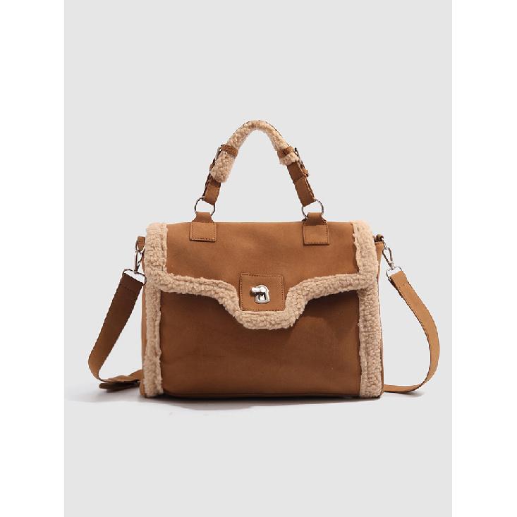 

Корейская версия Большая вместимость Дорожная Универсальная Сумка через плечо на одно плечо 2024 Осень-Зима Новая Мода Лоскутная Сумка из овечьей шерсти коричневый