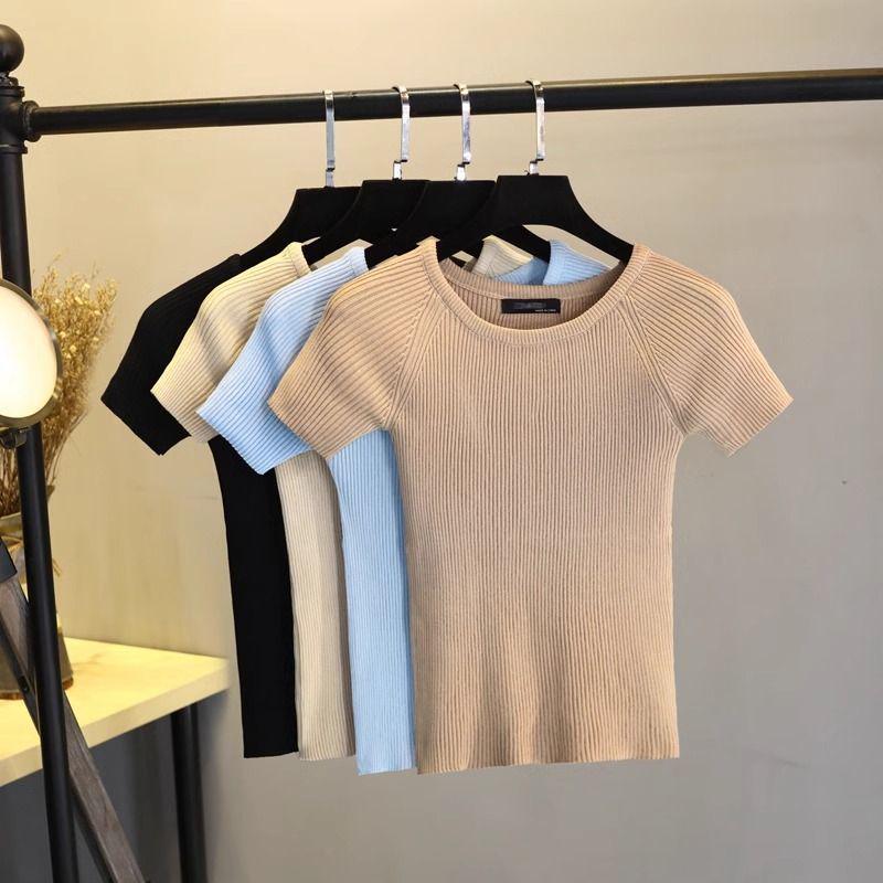 Camiseta de punto de manga corta y cuello redondo ajustada clásica de verano para mujer 2025