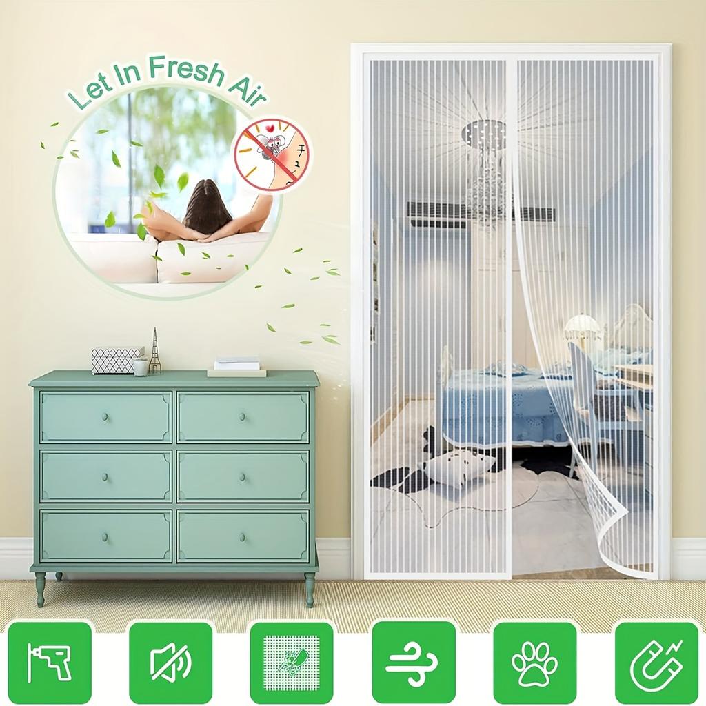 1pc Automatic Magnetic Mesh Door Screen-White Polyester,Insect & Mosquito Protection,Easy Self-Sealing for Bedrooms & Balconies