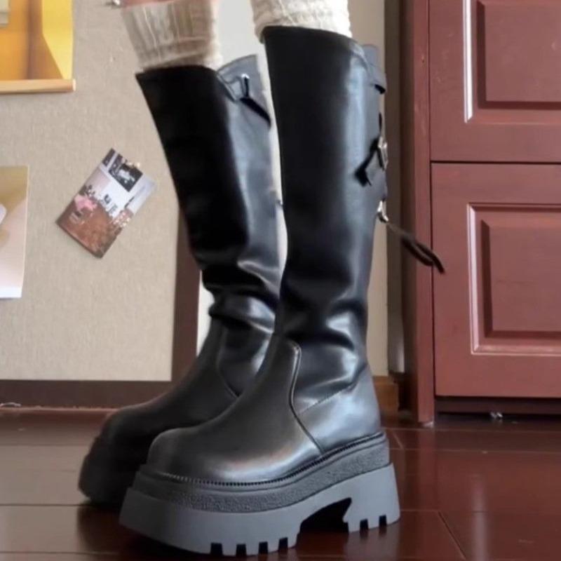 Fashion Block Heel Single Boots Autumn New Round Toe Rear Zipper Platform Anti-Slip Wear-Resistant Tall Boots