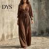 Solid Color Lace Dress Women V-Neck for Fall, 3/4 Sleeves Maxi with V Neck Belt, Loose Casual Long Vacation Daily Wear Belt