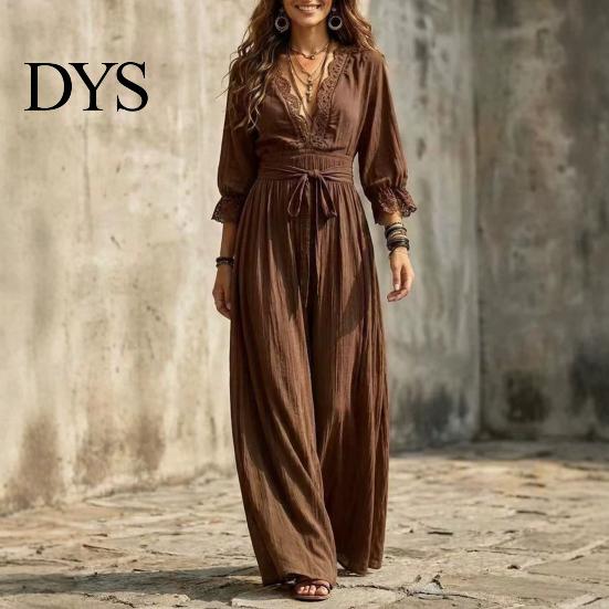 Solid Color Lace Dress Women V-Neck for Fall, 3/4 Sleeves Maxi with V Neck Belt, Loose Casual Long Vacation Daily Wear Belt