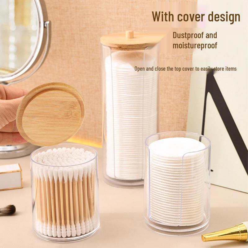 Dual-Layer Cotton Swab & Makeup Pad Storage Box - Clear, Round, Desktop Organizer
