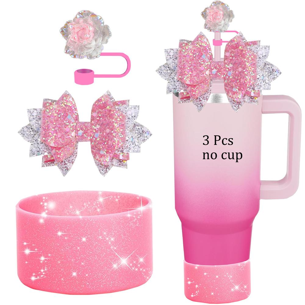 3Pcs Cup Accessories for Stanley Tumbler with Handle Rose Blossom Straw Cover Cap Straw Toppers Silicone Boot Letter Charms