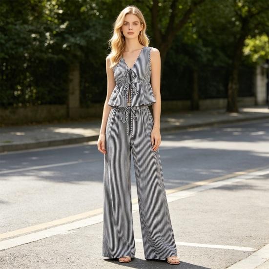 Women's Striped 2 Piece Outfits Tie Front Ruffle Tank Top And Wide Leg Pants Sets Summer Casual Sleeveless Lounge Sets