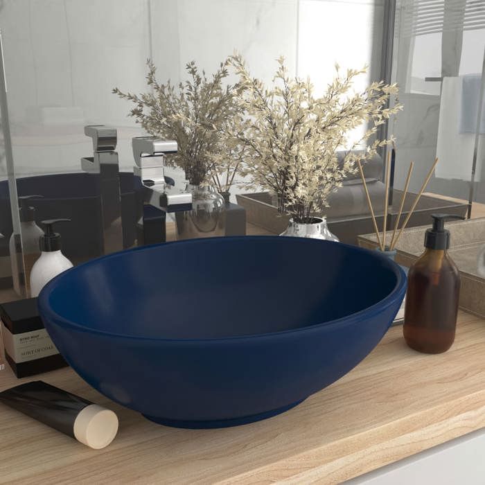 VidaXL Lavabo Ovale de Luxe Vasque à Poser de Toilette Lave-mains de Salle de Bain Cuisine Maison Intérieur Bleu Foncé Mat 146924