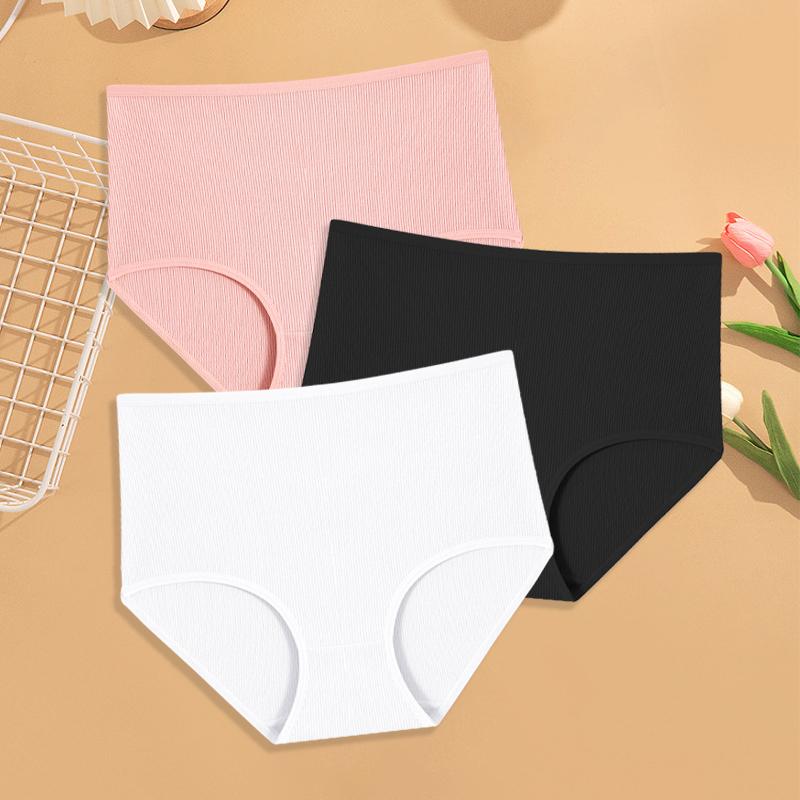 3Pcs Women Cotton High Waist Underwear Breathable Striped Panties Female Plus Size Solid Color Briefs Comfortable Lingerie S-XXL
