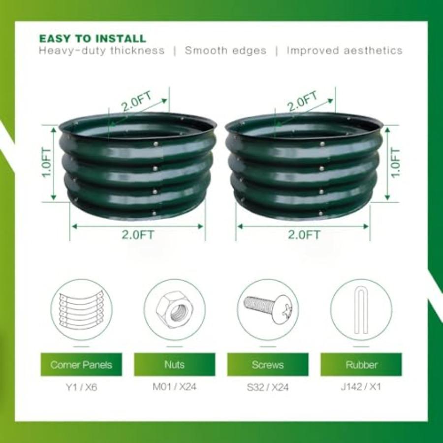 2 Pack 2x2x1FT Galvanized Round Raised Garden Bed Kit Metal Planter Boxes Outdoor Dark Green Easy Assembly Large Garden Bed for