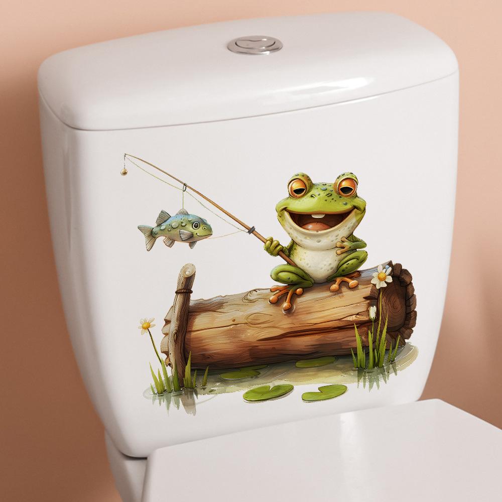 Cartoon Fishing Frog Toilet Sticker Fresh Cute Bathroom Self Adhesive Removable Decor