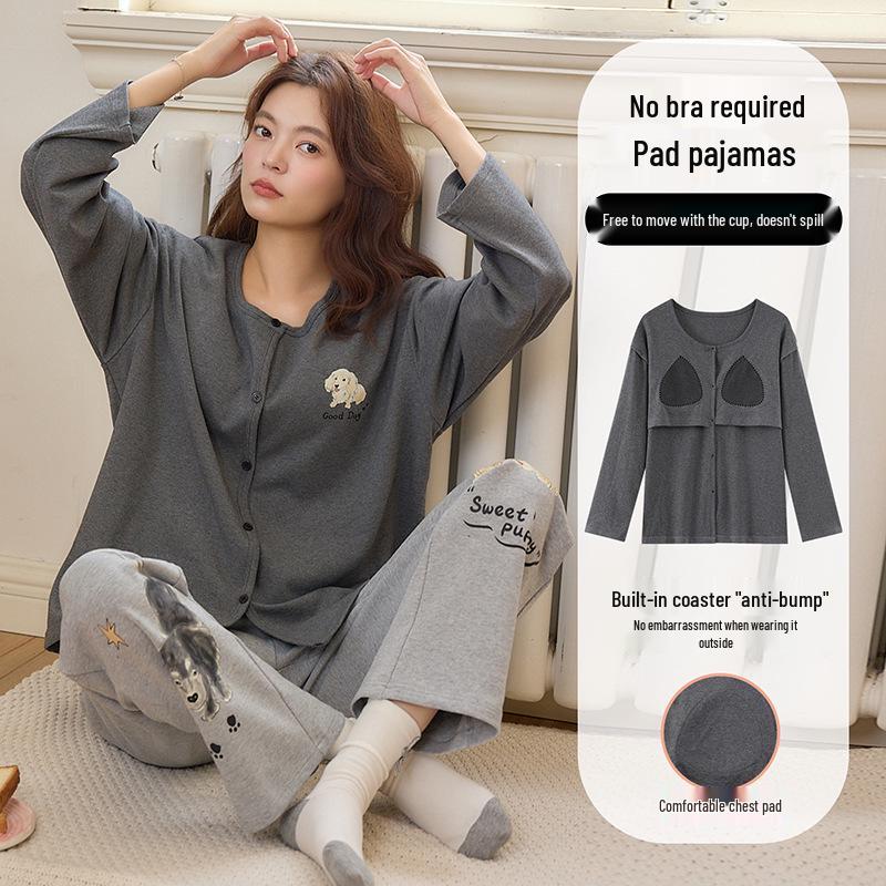 Women's Long-Sleeve One-Piece Pajamas with Built-in Bra Pad, Wearable Outside, Cute Round Neck Home Wear Set for Spring and Autumn