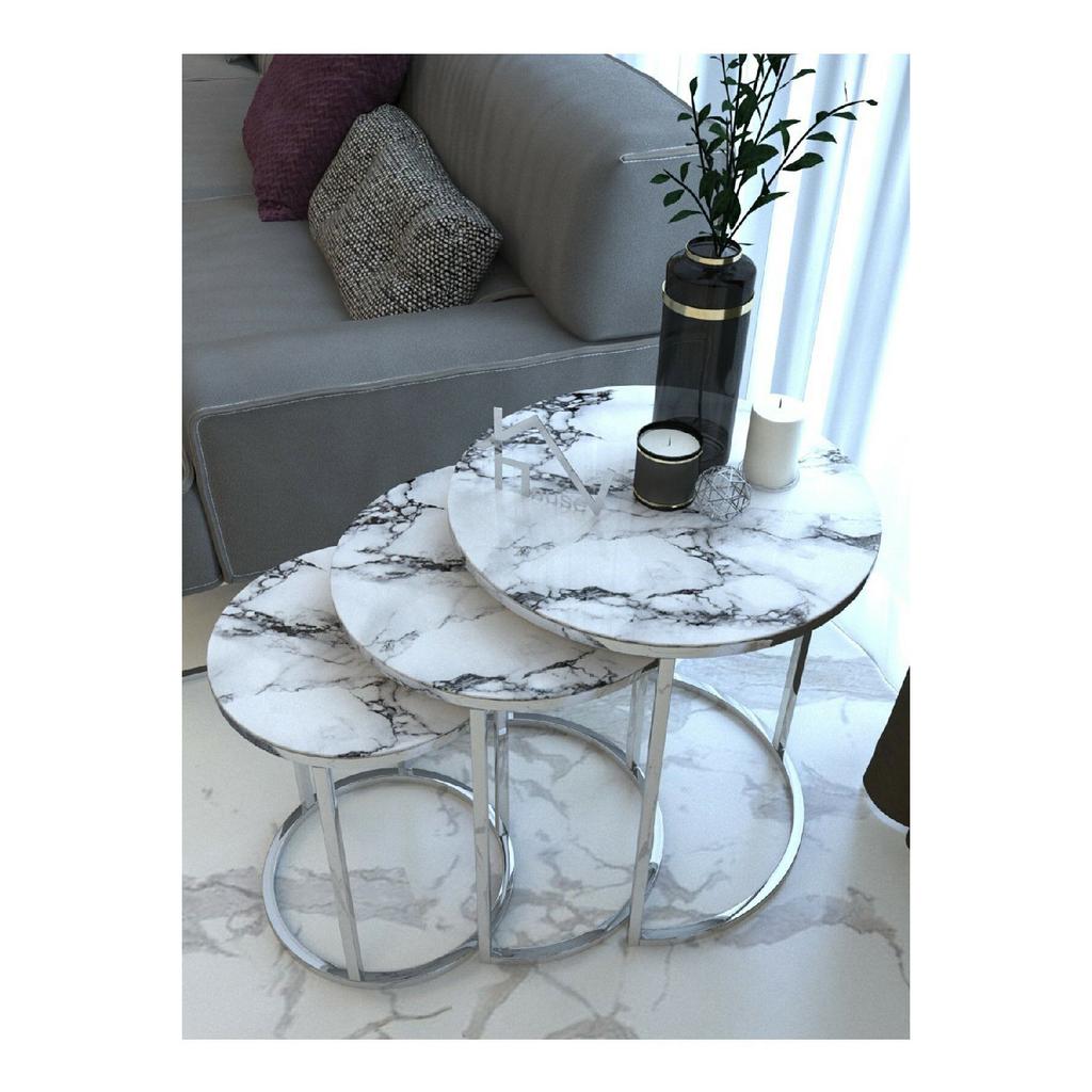 Dream Model Gold Metal Nesting Coffee Table Tempered Unbreakable Black-yellow Marble Pattern Glass