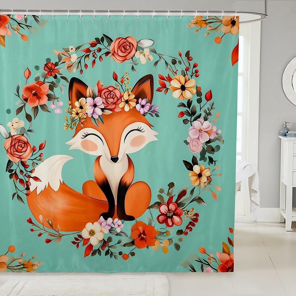 Pink Fox Shower Curtain Japanese Cherry Blossoms Bath Curtain Girls Teens Cute Cartoon Bathroom Shower Curtain Set Waterproof