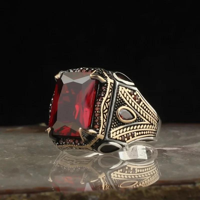 Retro Handmade Turkish Signet Rings For Men Silver Carved Ring Mystic Zircon Inlay Punk Biker Jewelry