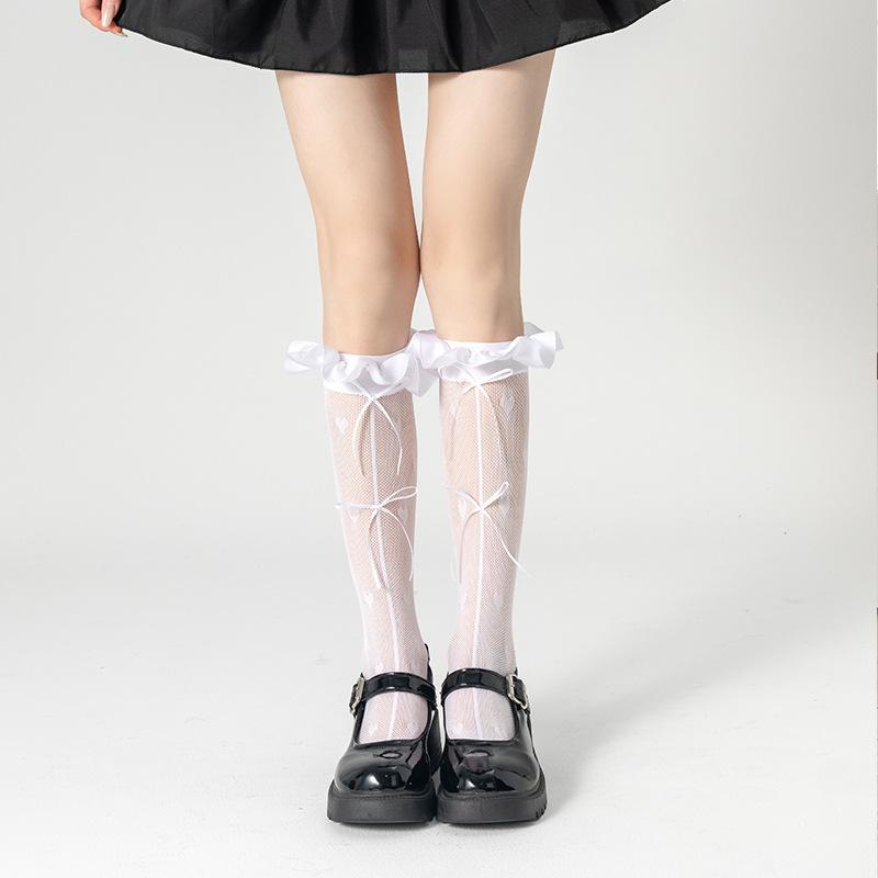Ladies Summer Thin Love Stripe Ballet Style Ribbon Bow Lace Hose Stack