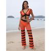 Women's Beach Patchwork Sexy Deep V Lace Up Top Micro Flared Pants Two Piece Set