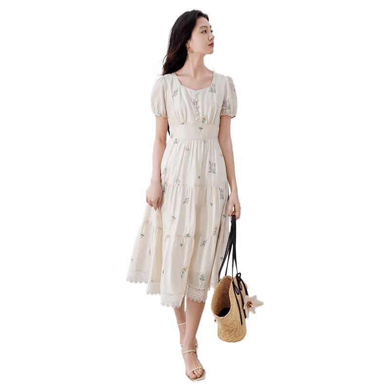 Xiangying Women s Floral Puff Sleeve Square Neck Dress S