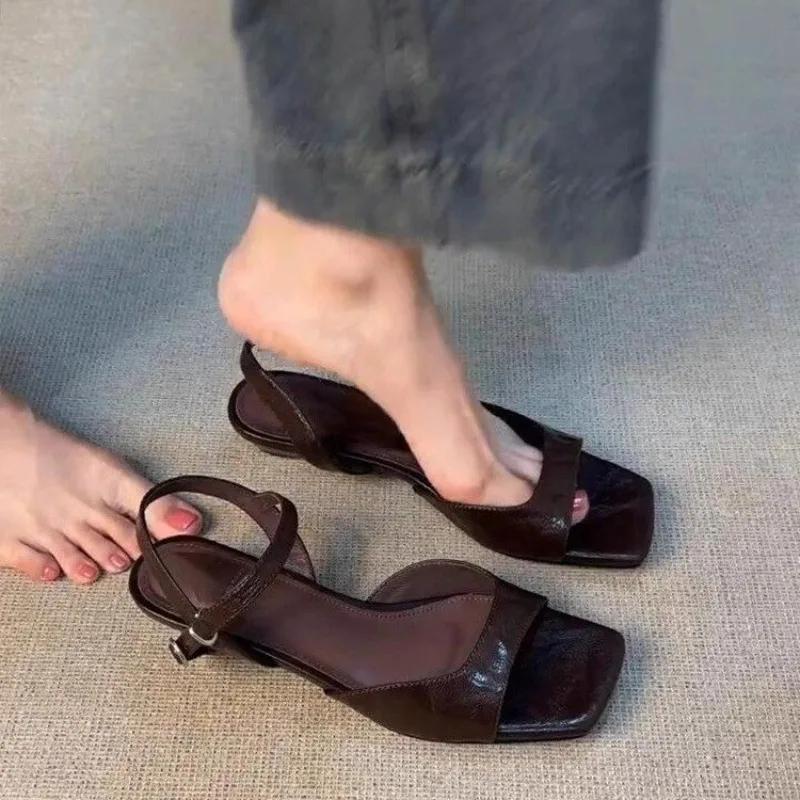 Fashion French Vintage Simple One-word Buckle Sandals Women's 2025 Summer New Versatile Low Heel Shoes