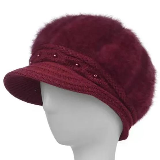 WTEMPO Winter Rabbit Hair Blend Hats Women Winter Large Caps with Pearls Solid Color Warm Plush Thick Knitted Hats