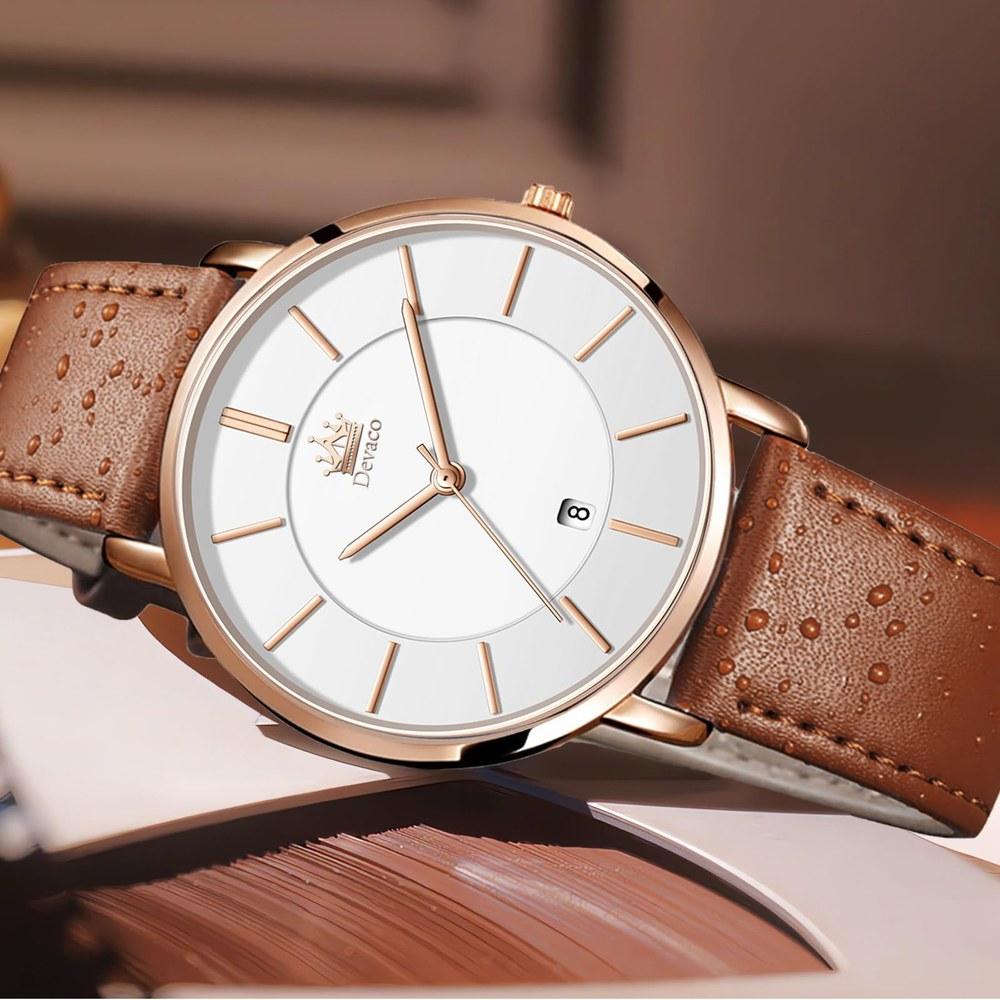 Devaco Men's Ultra-Thin Casual Business Watch 6.5mm Quartz Dial 40mm Leather Band Unisex